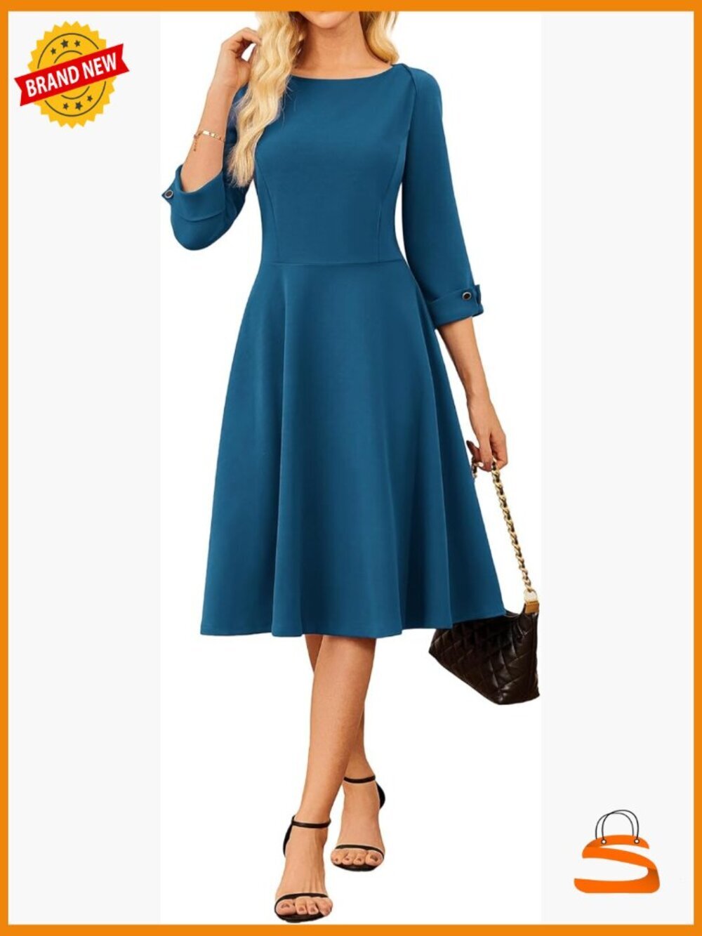 Women's Fit and Flare Midi Dress with Pockets 3/4 Sleeve